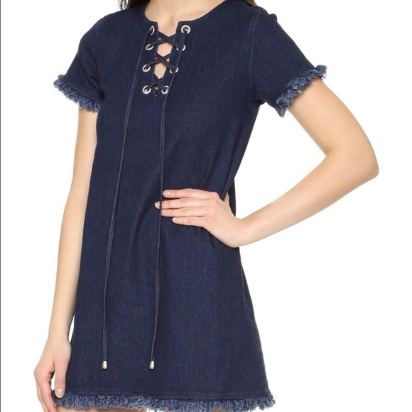J.O.A. LA denim lace up tie fringe mini dress western boho - Picture 5 of 5